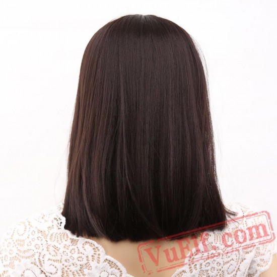 Straight Black Wigs Bangs Women Medium Length Hair Bob Wig