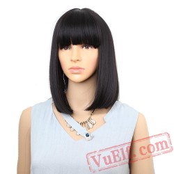 Straight Black Wigs Bangs Women Medium Length Hair Bob Wig