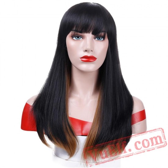 Short Black Wigs Women Flat Bangs Brown Straight Bob Wig Hair