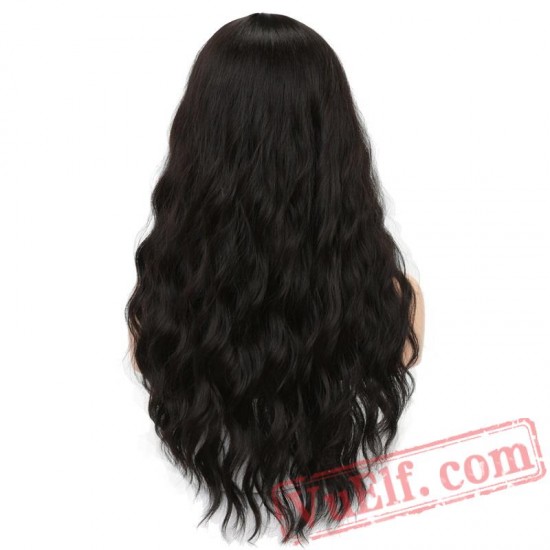 Long Wavy Wigs Black Women Hair Grey Brown Bangs Wig