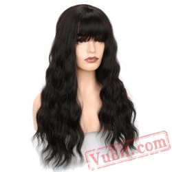 Long Wavy Wigs Black Women Hair Grey Brown Bangs Wig