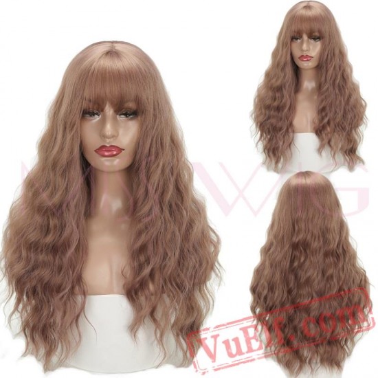 Long Wavy Wigs Black Women Hair Grey Brown Bangs Wig