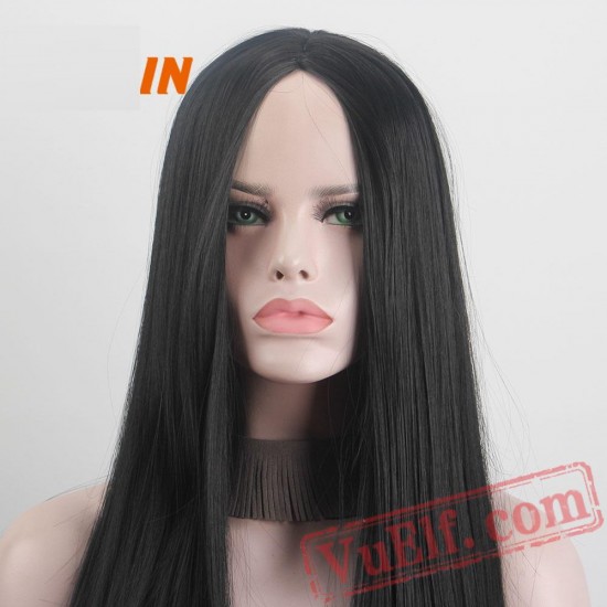 Long Black Wigs Part Straight Natural Hair