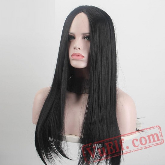 Long Black Wigs Part Straight Natural Hair