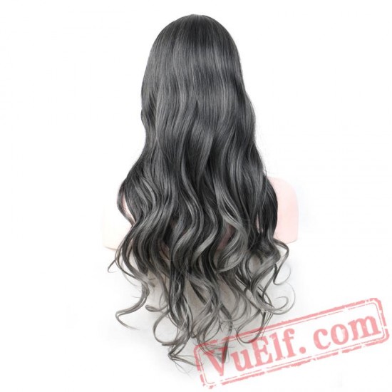 women mix gray black wig grey hair long wavy wigs bangs
