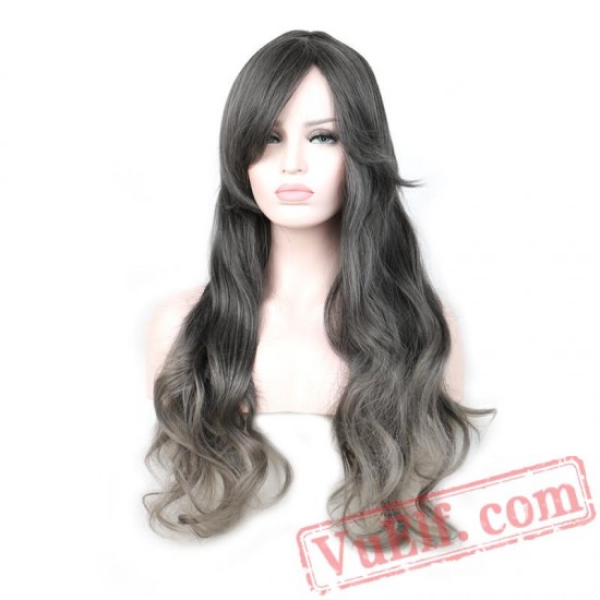 women mix gray black wig grey hair long wavy wigs bangs