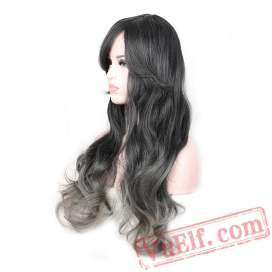 women mix gray black wig grey hair long wavy wigs bangs