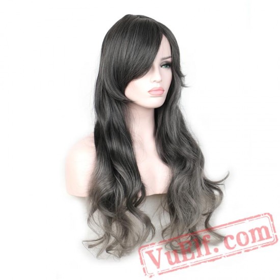 women mix gray black wig grey hair long wavy wigs bangs