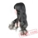 women mix gray black wig grey hair long wavy wigs bangs