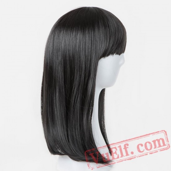 Hair Medium Wavy Black Wigs Flat Bangs