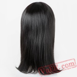 Hair Medium Wavy Black Wigs Flat Bangs