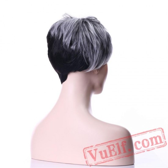 Gray Black Wig Short Curly Hair Wigs