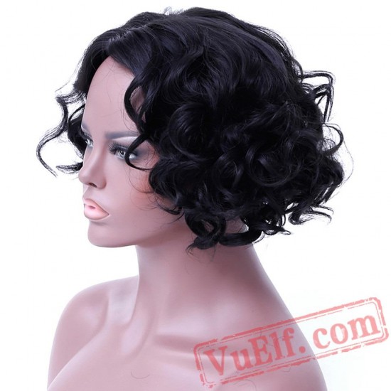 Short Wavy Curly Bob Cosplay Black Wigs Women Arican American