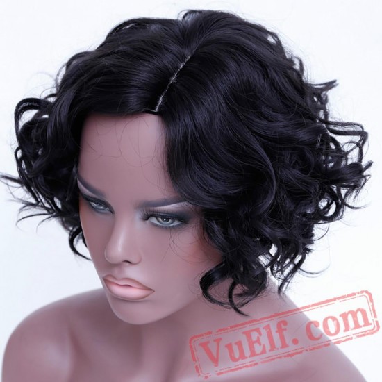 Short Wavy Curly Bob Cosplay Black Wigs Women Arican American