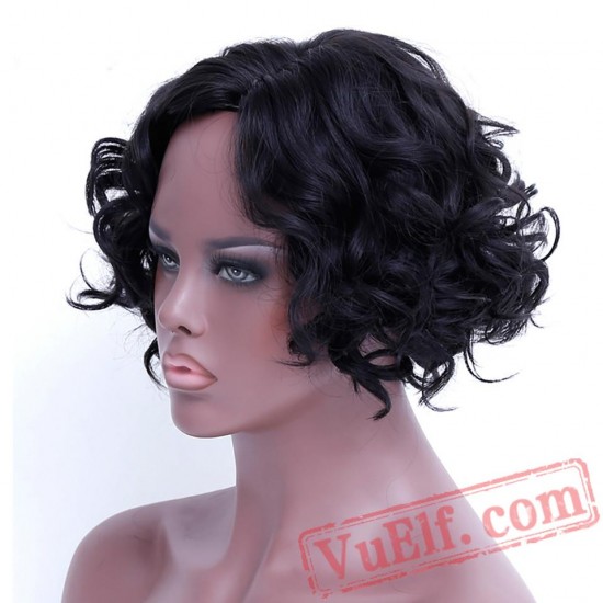 Short Wavy Curly Bob Cosplay Black Wigs Women Arican American