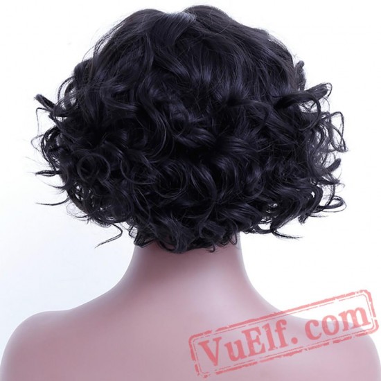 Short Wavy Curly Bob Cosplay Black Wigs Women Arican American