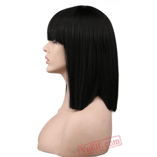 Women Short Neat Bang Bob Straight Cosplay Wig Party Black