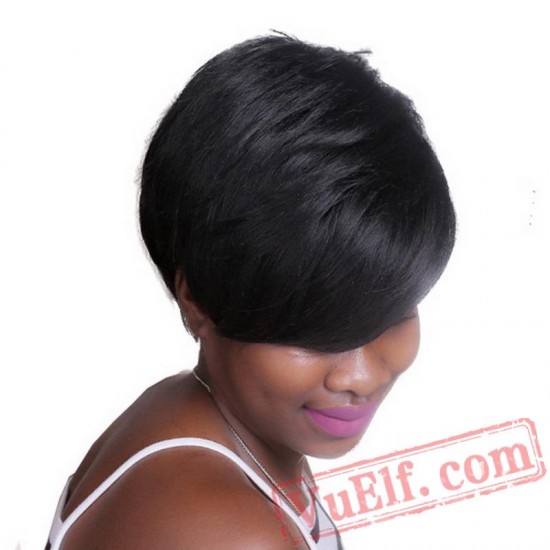 Natural Short Hair Wig Bangs Straight Black Wigs Women