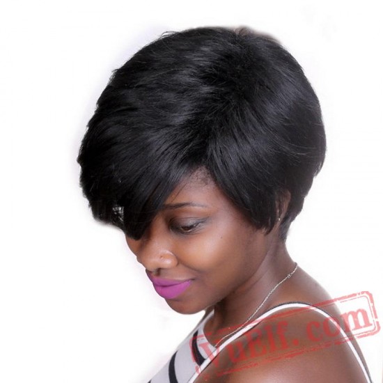 Natural Short Hair Wig Bangs Straight Black Wigs Women