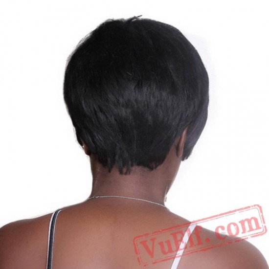 Natural Short Hair Wig Bangs Straight Black Wigs Women