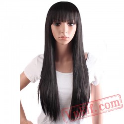 Long Straight Brown Black Hair Wig Cosplay Party Women Flat Bangs