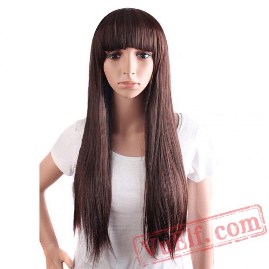 Long Straight Brown Black Hair Wig Cosplay Party Women Flat Bangs