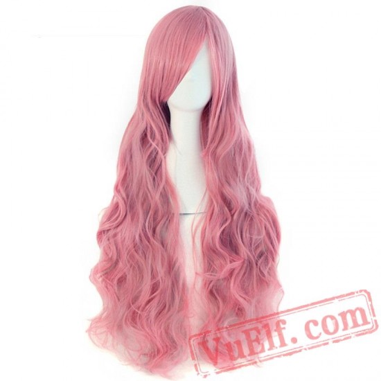 Long Wavy Cosplay Wigs Bangs Pink Black Blue Brown Blonde Women Wig Hair