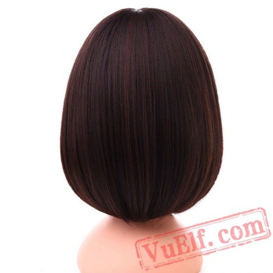 Short Straight Blue Pink Bob Wigs Flat Bangs Cosplay Party Wig