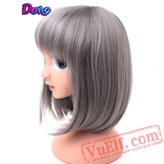 Short Straight Blue Pink Bob Wigs Flat Bangs Cosplay Party Wig