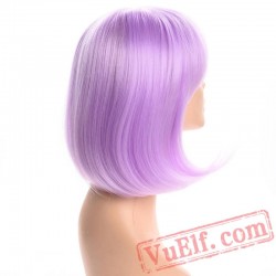 Short Straight Blue Pink Bob Wigs Flat Bangs Cosplay Party Wig