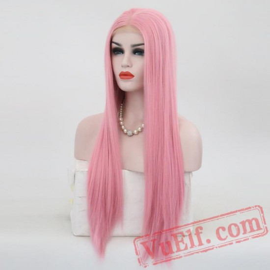 Silky Straight Hair Pink Wig Lace Front Wig White Women