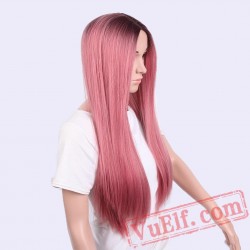 Pink Long Wigs Low Silky Straight Elastic Lace Long Pink Wigs Women