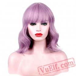 Purple Pink Natural Wave Short Bob Wigs Bangs White Women Curly Cosplay Wig