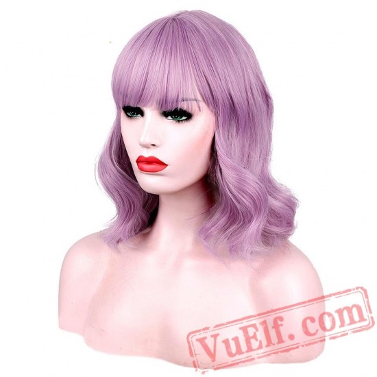 Purple Pink Natural Wave Short Bob Wigs Bangs White Women Curly Cosplay Wig