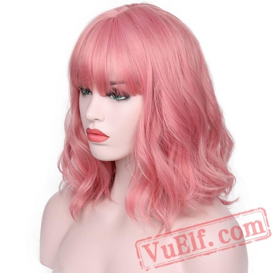 Purple Pink Natural Wave Short Bob Wigs Bangs White Women Curly Cosplay Wig