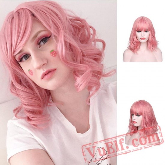 Purple Pink Natural Wave Short Bob Wigs Bangs White Women Curly Cosplay Wig