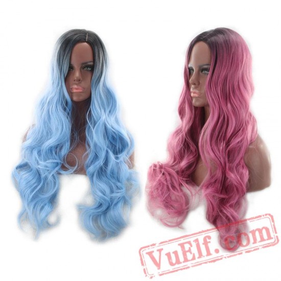 black roots blonde long blue pink wig curly hair cosplay wigs women
