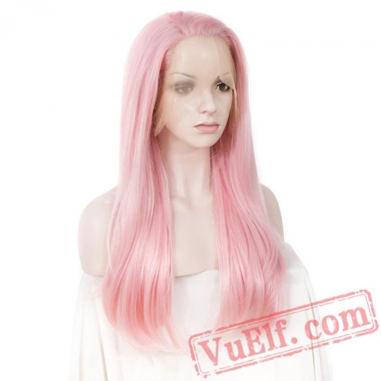 Pink Wig Straight Hair Lace Front Wig Women Cosplay Wig