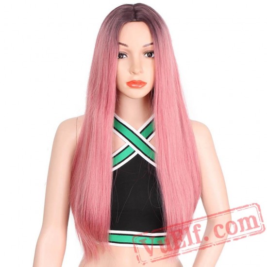 Long Pink Blonde Black Grey Natural Wave Dark Roots Wigs Women