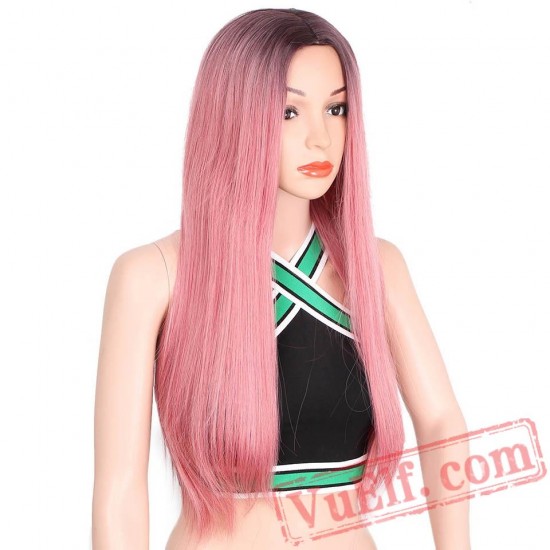 Long Pink Blonde Black Grey Natural Wave Dark Roots Wigs Women