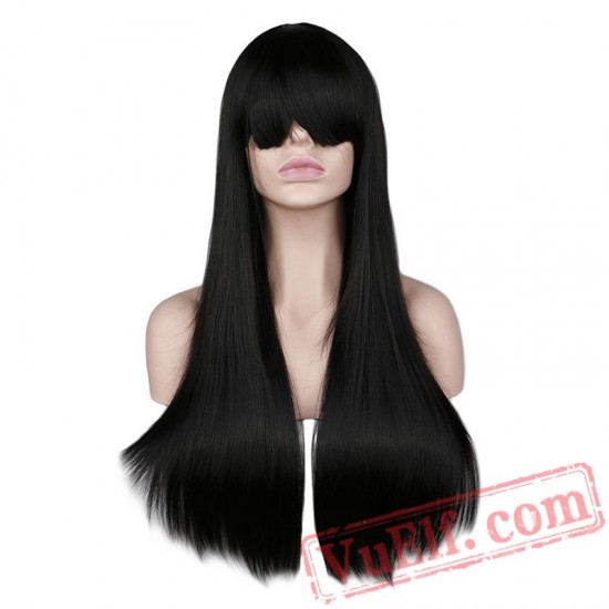 Women Natrual Long Wavy Full Head Wig Cosplay Black Red Pink