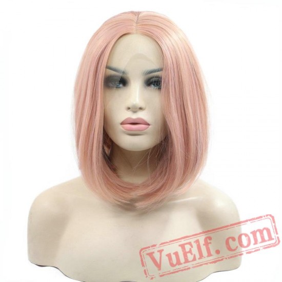 Pink Natural Straight Rose Gold Short Bob Lace Front Wig