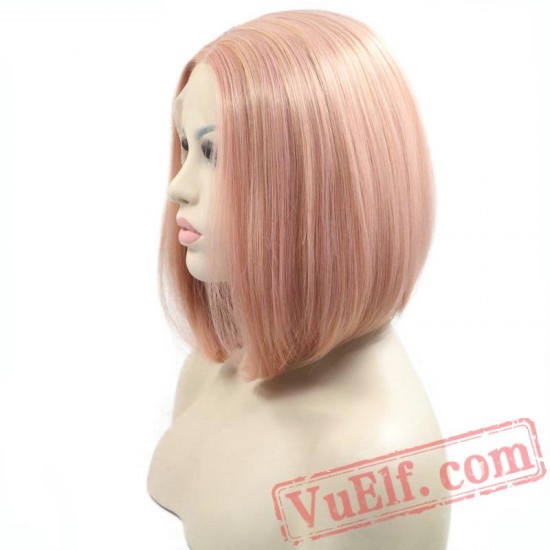 Pink Natural Straight Rose Gold Short Bob Lace Front Wig