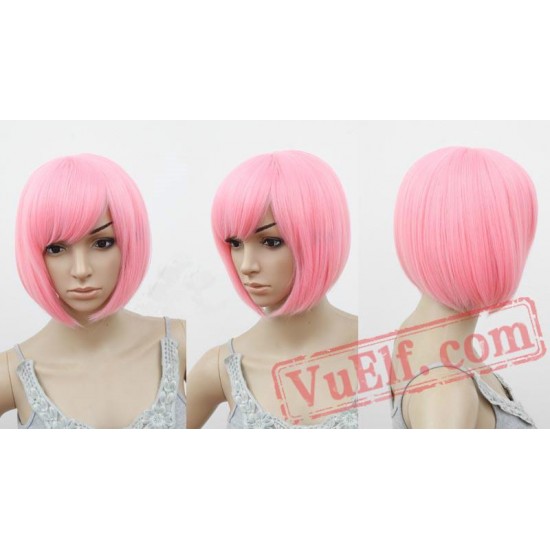 Bob Wig Oblique Fringe Bangs Short Wavy Wigs Pink Hair Women