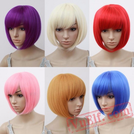 Bob Wig Oblique Fringe Bangs Short Wavy Wigs Pink Hair Women