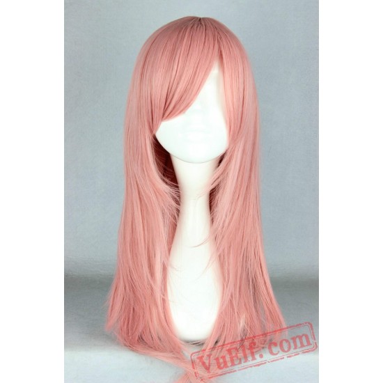 Pink Wig Medium Straight Inclined Bangs Hair Halloween