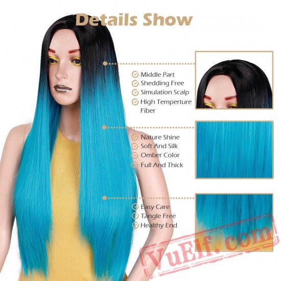 Blue Green Straight Long Wigs Women Black Pink Wigs