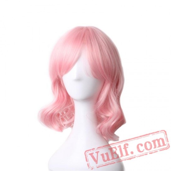 Short Wig Pink Wig Bangs Women Wavy Bob Wigs