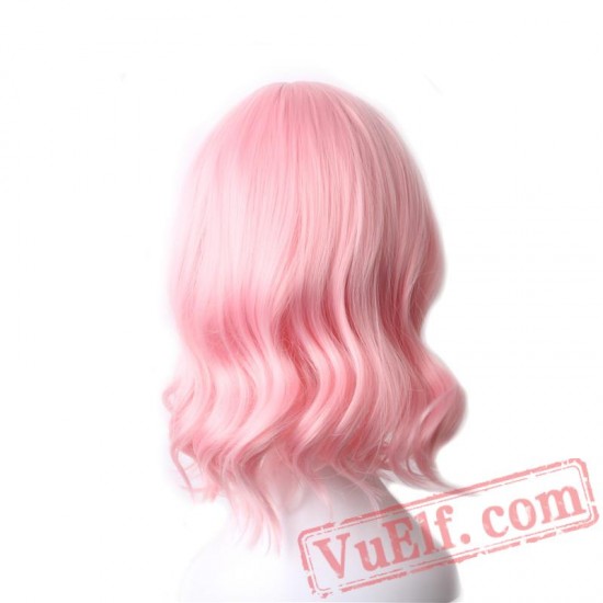 Short Wig Pink Wig Bangs Women Wavy Bob Wigs