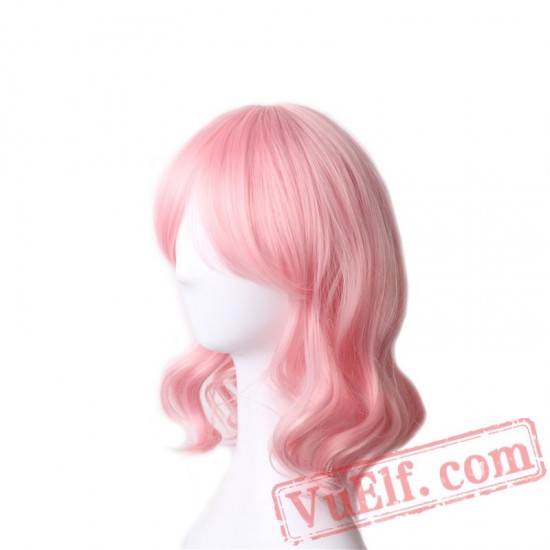 Short Wig Pink Wig Bangs Women Wavy Bob Wigs